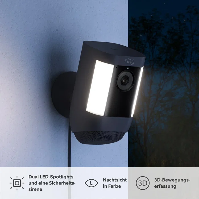 Ring Spotlight Cam Pro Plug-in Cámara de Seguridad para Interiores y Exteriores 1080p Full HD, Visión Nocturna, Luz LED y Sirena Integrada, Negro, Compatible con Alexa
