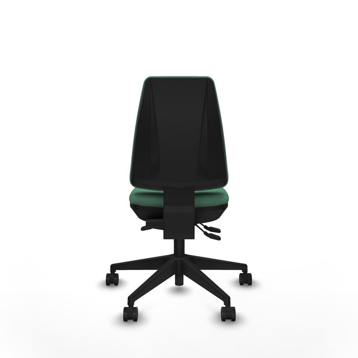 Silla de oficina Elche con mecanismo Asincro tapizada con Tela color Verde esmeralda. Equipada con Base piramidal negra, Sin brazos y Ruedas 65mm nailon