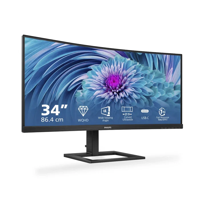 Philips 346E2CUAE/00 Monitor 34" Curvo UltraWide WQHD 3440x1440 VA 100Hz 1ms, USB-C 65W, AMD FreeSync Premium, Altavoces, Ajuste Altura, Negro
