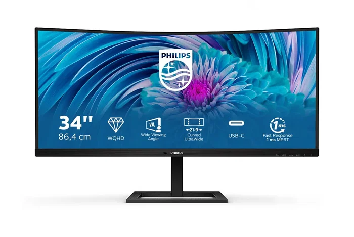 Philips 346E2CUAE/00 Monitor 34" Curvo UltraWide WQHD 3440x1440 VA 100Hz 1ms, USB-C 65W, AMD FreeSync Premium, Altavoces, Ajuste Altura, Negro
