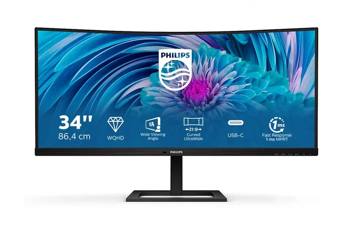 Philips 346E2CUAE/00 Monitor 34" Curvo UltraWide WQHD 3440x1440 VA 100Hz 1ms, USB-C 65W, AMD FreeSync Premium, Altavoces, Ajuste Altura, Negro
