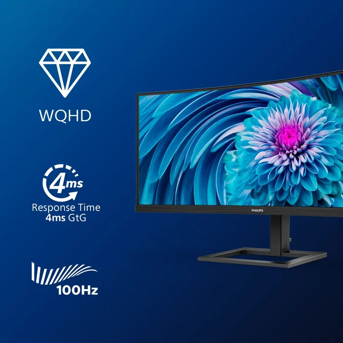 Philips 346E2CUAE/00 Monitor 34" Curvo UltraWide WQHD 3440x1440 VA 100Hz 1ms, USB-C 65W, AMD FreeSync Premium, Altavoces, Ajuste Altura, Negro