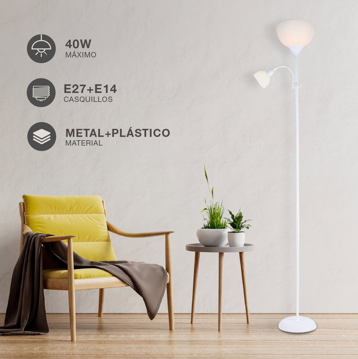 GSC Evolution Lámpara de pie Serie Nawis 1760mm E27 con luz de lectura E14 Blanco GSC Evolution Lámpara de pie Serie Nawis 1760mm E27 con luz de lectura E14 Blanco