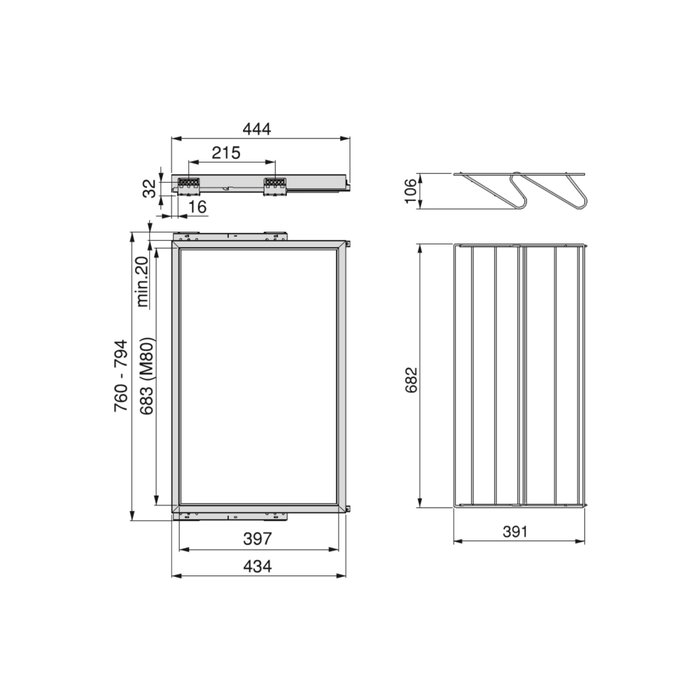 Emuca Kit de zapatero metálico y bastidor con guías cierre suave para armario, regulable, módulo 800mm, Gris piedra