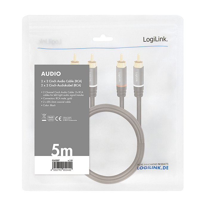 LogiLink Cable de Audio 2x RCA/M a 2x RCA/M, 5 m, Negro