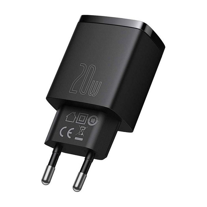Baseus Cargador de red compacto 20W con 1x USB-A y 1x USB-C (Negro) en color negro Baseus Cargador de red compacto 20W con 1x USB-A y 1x USB-C (Negro) en color negro
