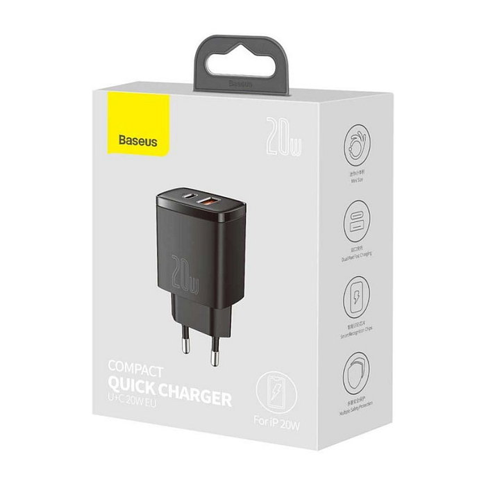 Baseus Cargador de red compacto 20W con 1x USB-A y 1x USB-C (Negro) en color negro Baseus Cargador de red compacto 20W con 1x USB-A y 1x USB-C (Negro) en color negro