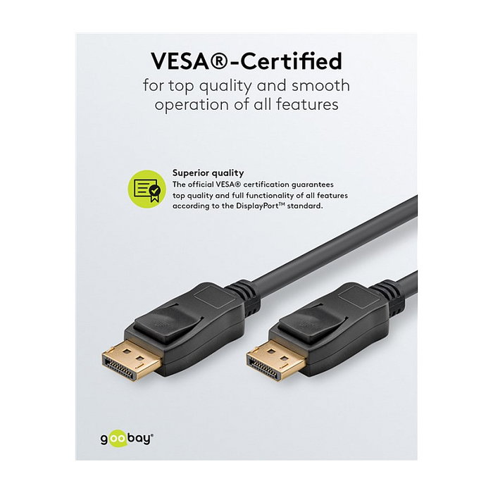 Goobay Cable DisplayPort 1.4 1m Negro 74777 Certificado VESA 32.4 Gbit/s 8K 7680x4320 240Hz HDR, DSC, G-Sync, FreeSync, Audio HD, Macho-Macho