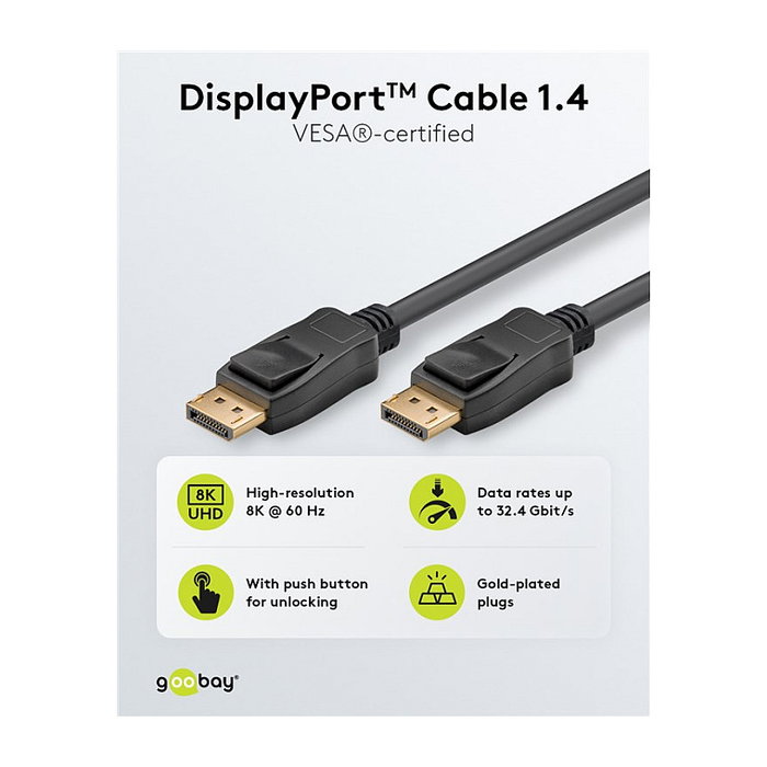 Goobay Cable DisplayPort 1.4 1m Negro 74777 Certificado VESA 32.4 Gbit/s 8K 7680x4320 240Hz HDR, DSC, G-Sync, FreeSync, Audio HD, Macho-Macho
