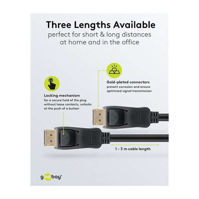 Goobay Cable DisplayPort 1.4 1m Negro 74777 Certificado VESA 32.4 Gbit/s 8K 7680x4320 240Hz HDR, DSC, G-Sync, FreeSync, Audio HD, Macho-Macho