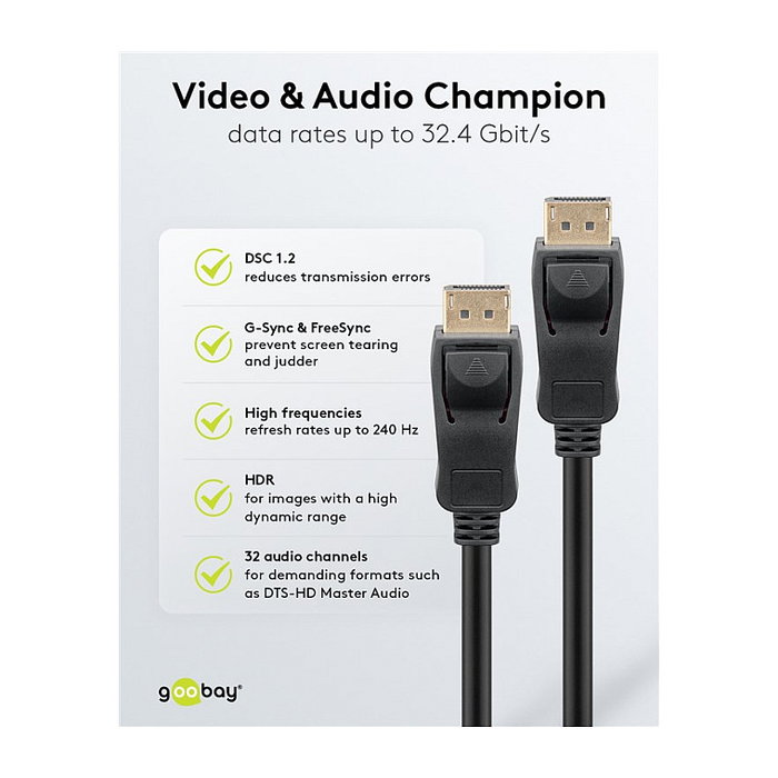 Goobay Cable DisplayPort 1.4 1m Negro 74777 Certificado VESA 32.4 Gbit/s 8K 7680x4320 240Hz HDR, DSC, G-Sync, FreeSync, Audio HD, Macho-Macho