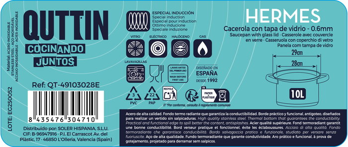 Inde Cacerola Acero Inoxidable 28 cm (10 L) con Tapa "Hermes" Qt (4 Unidades)