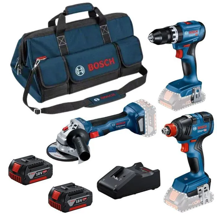 Bosch Professional 0615990N31 Pack 3 Herramientas 18V GSB/GDX/GWS con 2 Baterías 5.5AH, Cargador y Bolsa