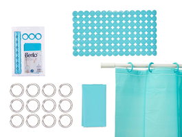 Berilo Set Baño Cortina Peva Y Alfombra Ducha Azul 28x42x6cm (Set de 12)