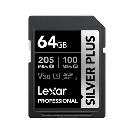 Lexar Tarjeta de Memoria SDXC 64GB Professional Silver Plus UHS-I U3 V30, Velocidad de Lectura 205MB/s y Escritura 100MB/s
