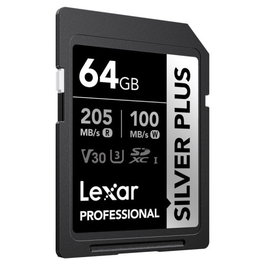 Lexar Tarjeta de Memoria SDXC 64GB Professional Silver Plus UHS-I U3 V30, Velocidad de Lectura 205MB/s y Escritura 100MB/s