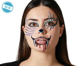 Atosa Tatuaje Facial Colorido con Diseño de Gato y Colmillos Sangrientos