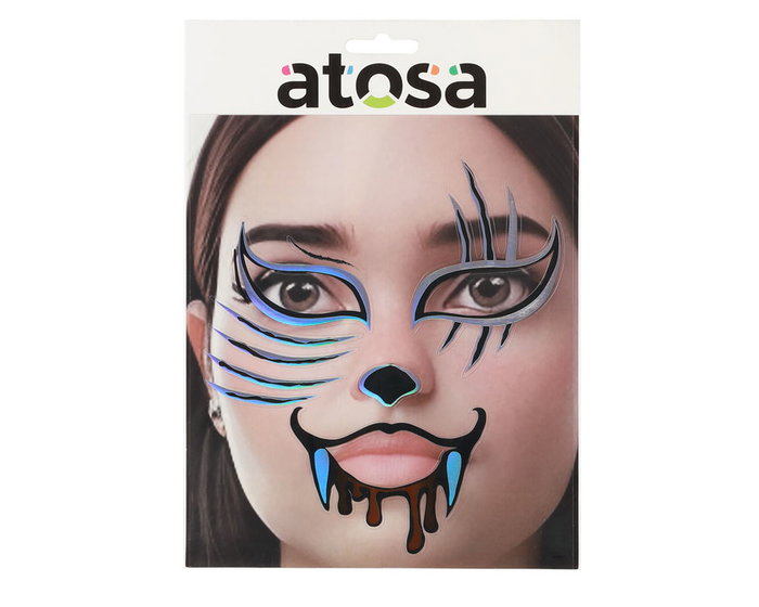 Tatuaje Facial Halloween Diseño Gato Colmillos Sangrientos Maquillaje Criatura Mágica