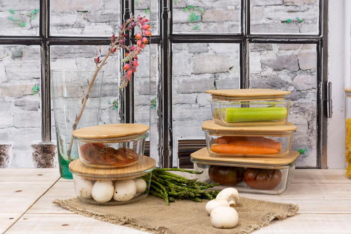 Vivalto Fiambrera Hermética de Vidrio Borosilicato 620 ml con Tapa de Bambú 15x15x6.5 cm Apta Microondas y Lavavajillas (Set de 12)