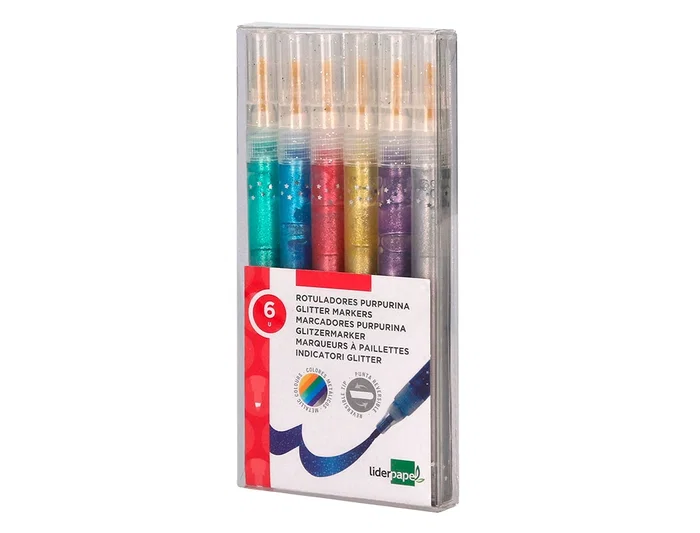 Liderpapel Rotuladores Efecto Purpurina Metalizada Punta Reversible Bolsa 6 Unidades Colores Surtidos