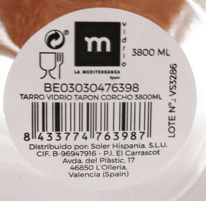 La Mediterranea Tarro de Vidrio con Tapón de Corcho 3800ml (Pack de 4)