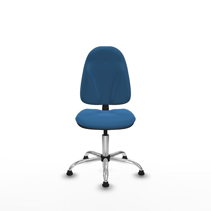 Silla de oficina Algarra con mecanismo Contacto permanente básico tapizada con Similpiel color Azul claro. Equipada con Base cromada, Sin brazosy Topes