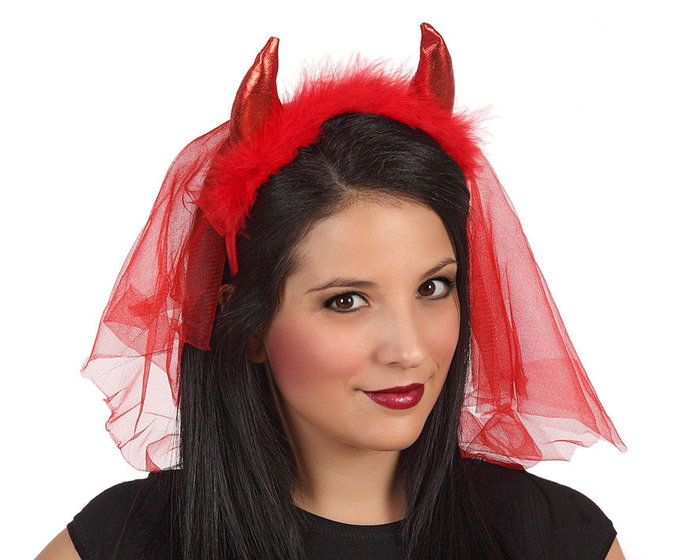 Diadema Velo con Cuernos Rojo Diadema Velo con Cuernos Rojo