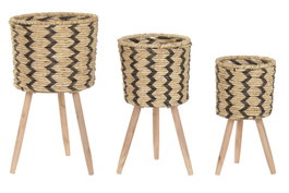DKD Home Decor Macetero Urban Bicolor Fibra Trenzada Madera Pino 32x32x58 cm Set 3