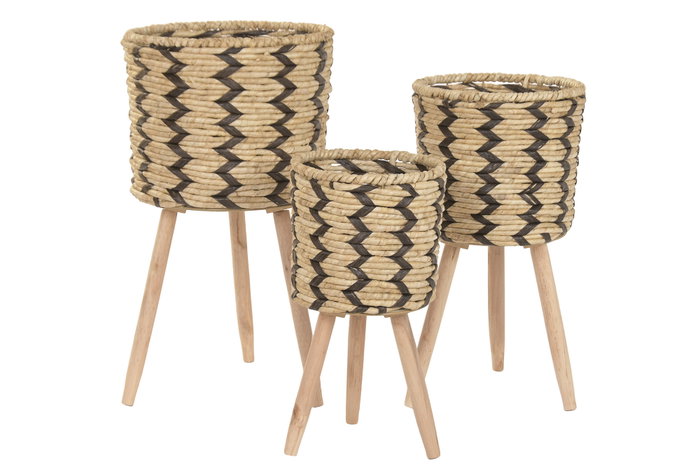 DKD Home Decor Macetero Urban Bicolor Fibra Trenzada Madera Pino 32x32x58 cm Set 3