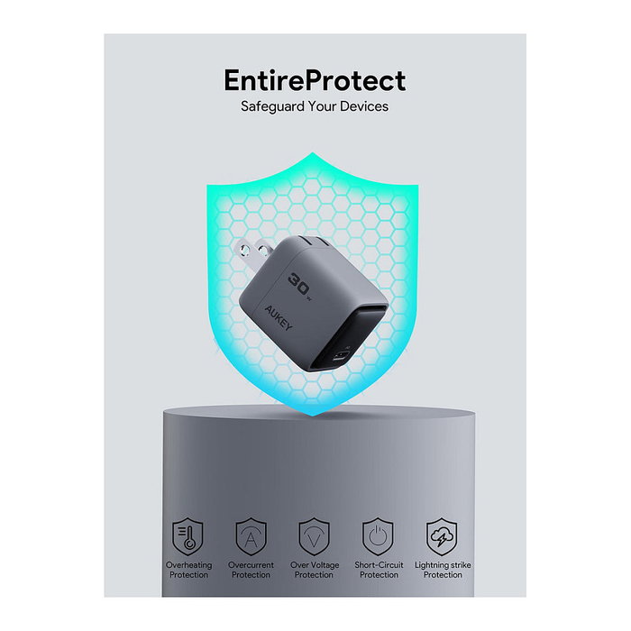 AUKEY Cargador Comet Mini 30W 1 Puerto USB C Gris Carga Rápida para Móviles Tablets