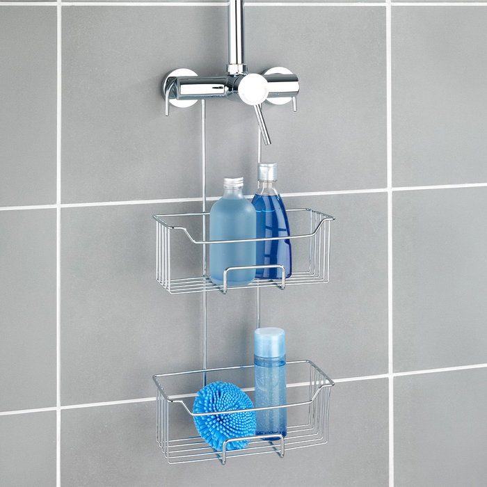 Wenko Milo Cesto de Ducha Doble Piso para Colgar, Acero Inoxidable Plateado Brillante, 25 x 14 x 55 cm