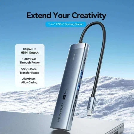 Vention Docking USB Tipo-C TPSHB con HDMI 4K, 2 USB, 2 USB-C, RJ45, PD y Lector de Tarjetas - Gris