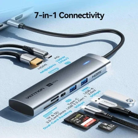 Vention Docking USB Tipo-C TPSHB con HDMI 4K, 2 USB, 2 USB-C, RJ45, PD y Lector de Tarjetas - Gris