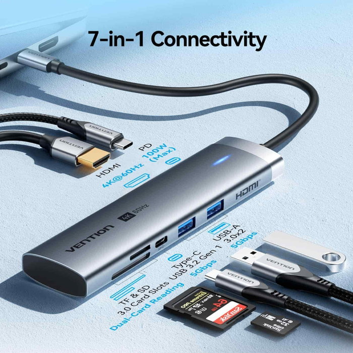 Vention TPSHB Docking Station USB-C 7 en 1 con HDMI 4K y Lector de Tarjetas, Gris Vention TPSHB Docking Station USB-C 7 en 1 con HDMI 4K y Lector de Tarjetas, Gris