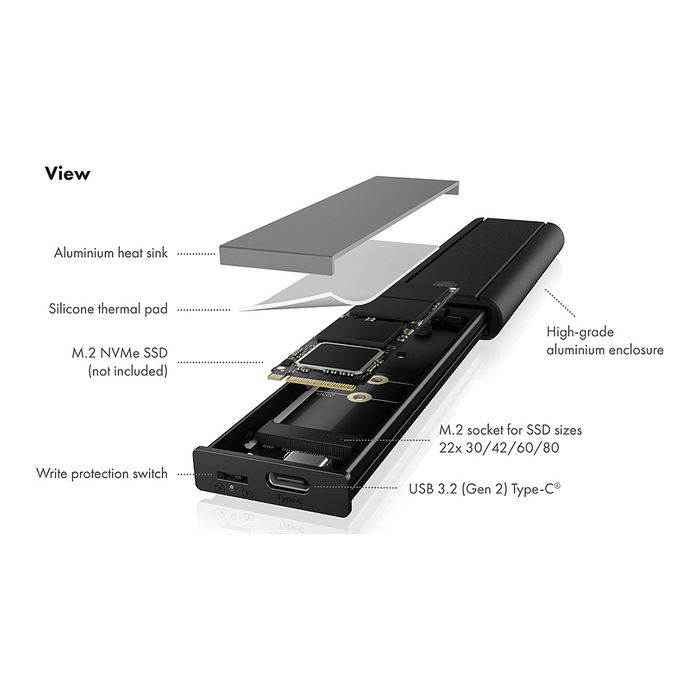 ICY BOX IB-1807MT-C31 Caja Externa USB-C 3.2 para M.2 NVMe SSD con Protección de Escritura
