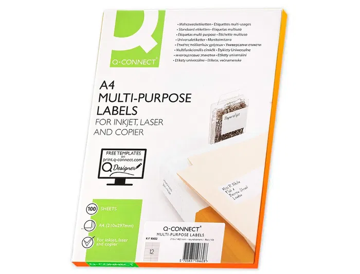 Q-connect KF10657 Etiqueta Adhesiva Blanca 105x48 mm para Láser Ink-jet Fotocopiadora Caja 100 Hojas DIN A4