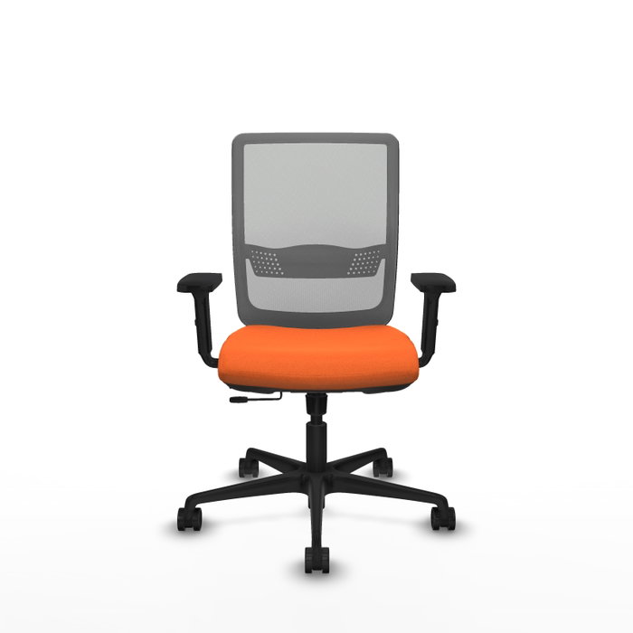 Silla de oficina Haches con mecanismo Sincro/Traslack tapizada con Tela color Naranja y malla color Gris. Equipada con lumbar 1D, Brazos 2D y Ruedas 65mm nailon