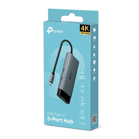 TP-Link Hub USB-C 5 en 1 UH5020C: HDMI 4K@60Hz, Power Delivery 100W, 2x USB-A 3.0, 1x USB-C, Compatible con Portátiles, Mac, Windows, iOS, Android