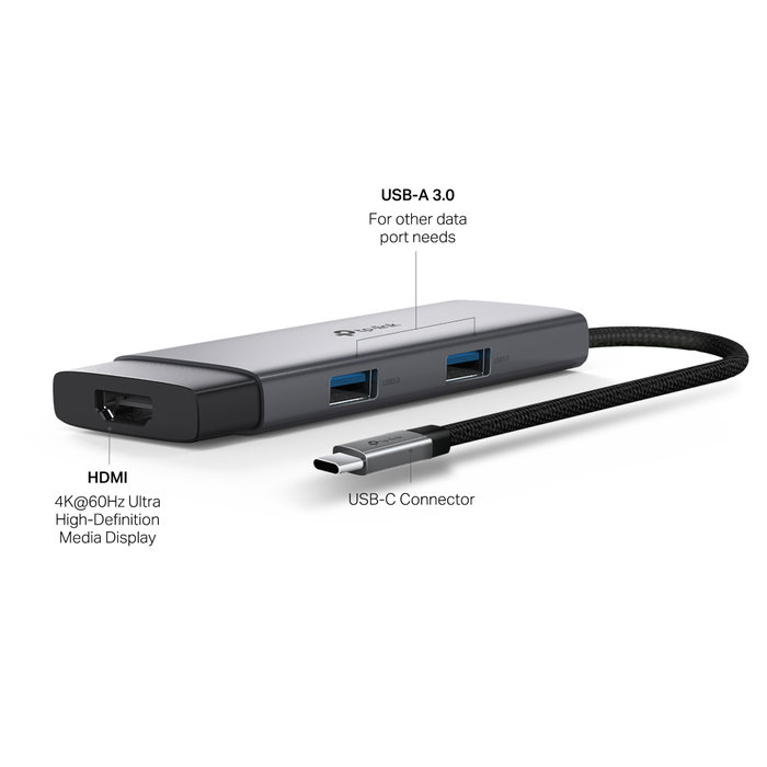 TP-Link Hub USB-C 5 en 1 UH5020C: HDMI 4K@60Hz, Power Delivery 100W, 2x USB-A 3.0, 1x USB-C, Compatible con Portátiles, Mac, Windows, iOS, Android