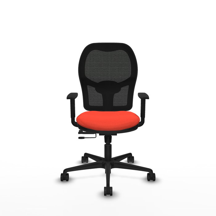 Silla de oficina Jorquera con mecanismo Sincro/Traslack tapizada con Tela color Naranja oscuro y malla color Negro. Equipada con lumbar 1D, Brazos 1D y Ruedas 65mm nailon