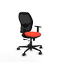 Silla de oficina Jorquera con mecanismo Sincro/Traslack tapizada con Tela color Naranja oscuro y malla color Negro. Equipada con lumbar 1D, Brazos 1D y Ruedas 65mm nailon