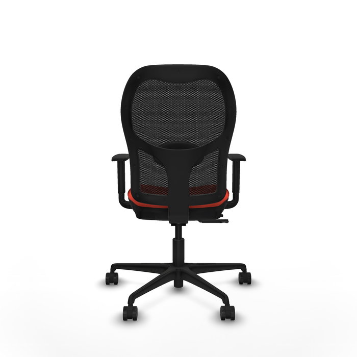 Silla de oficina Jorquera con mecanismo Sincro/Traslack tapizada con Tela color Naranja oscuro y malla color Negro. Equipada con lumbar 1D, Brazos 1D y Ruedas 65mm nailon