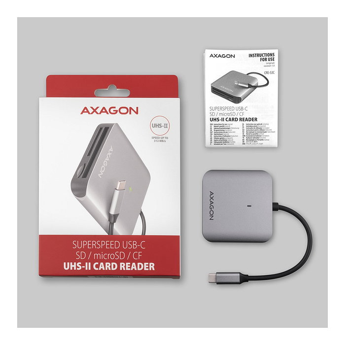 Axagon CRE-S3C Lector de tarjetas USB-C 3.2 Gen 1, 3 ranuras SD/microSD/CF, UHS-II
