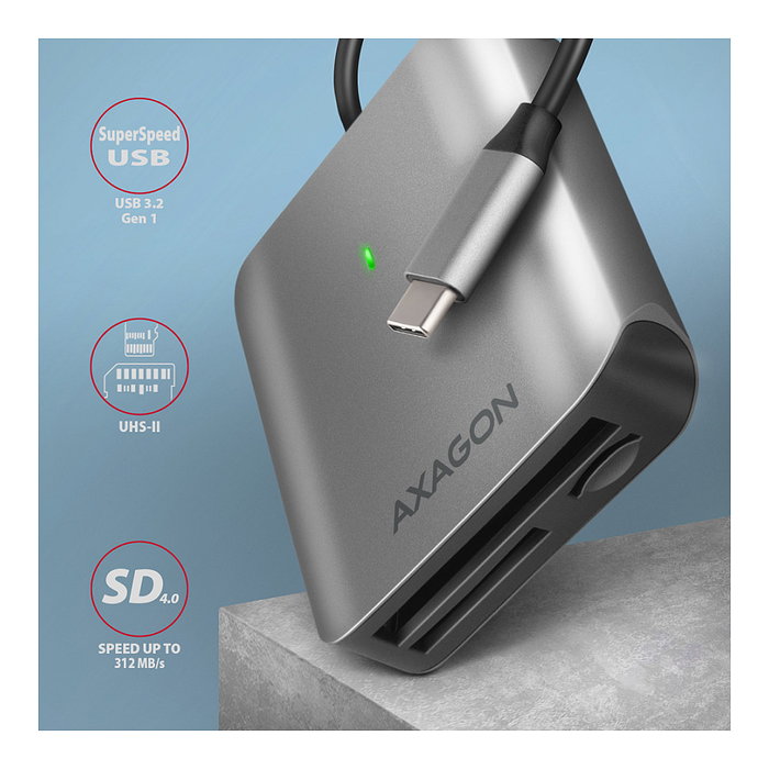 Axagon CRE-S3C Lector de tarjetas USB-C 3.2 Gen 1, 3 ranuras SD/microSD/CF, UHS-II