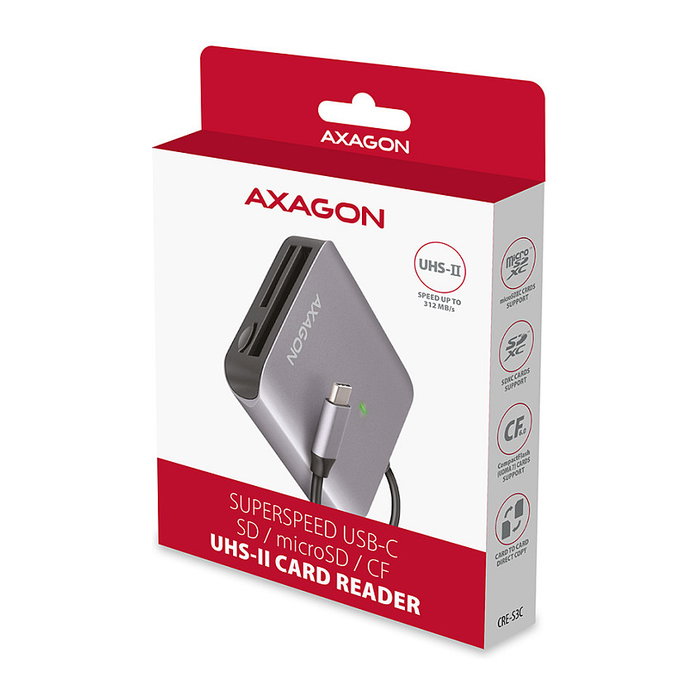 Axagon CRE-S3C Lector de tarjetas USB-C 3.2 Gen 1, 3 ranuras SD/microSD/CF, UHS-II