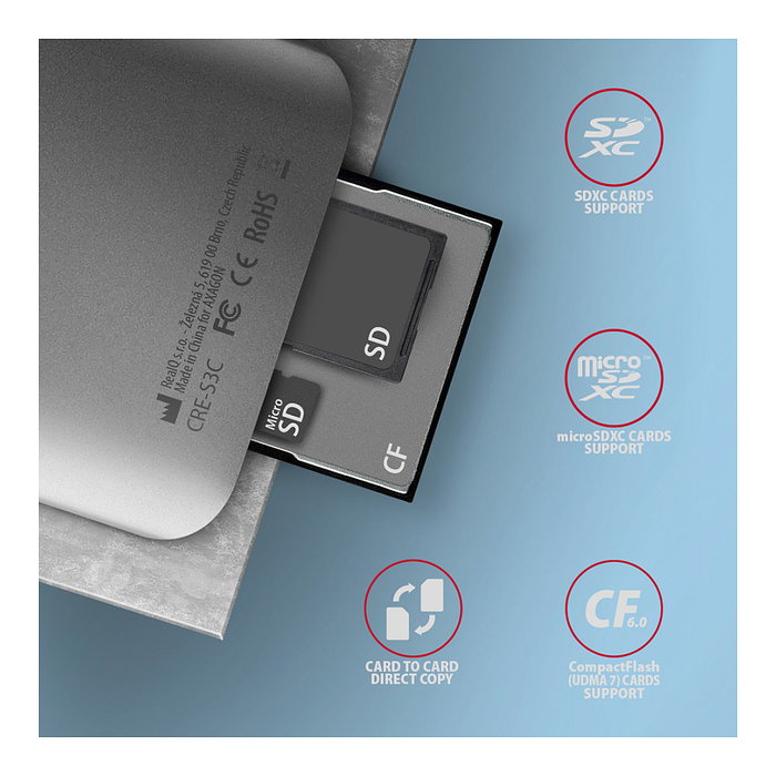 Axagon CRE-S3C Lector de tarjetas USB-C 3.2 Gen 1, 3 ranuras SD/microSD/CF, UHS-II