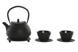 DKD Home Decor Tetera Oriental Negro Hierro Colado Inox Set de 3 Piezas Vasos Salvamantel 15 x 17 x 17 cm