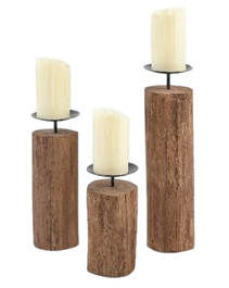 DKD Home Decor Set de 3 Portavelas de Teca Reciclada y Hierro