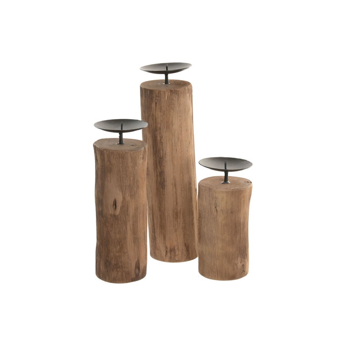 DKD Home Decor Set de 3 Portavelas de Teca Reciclada y Hierro