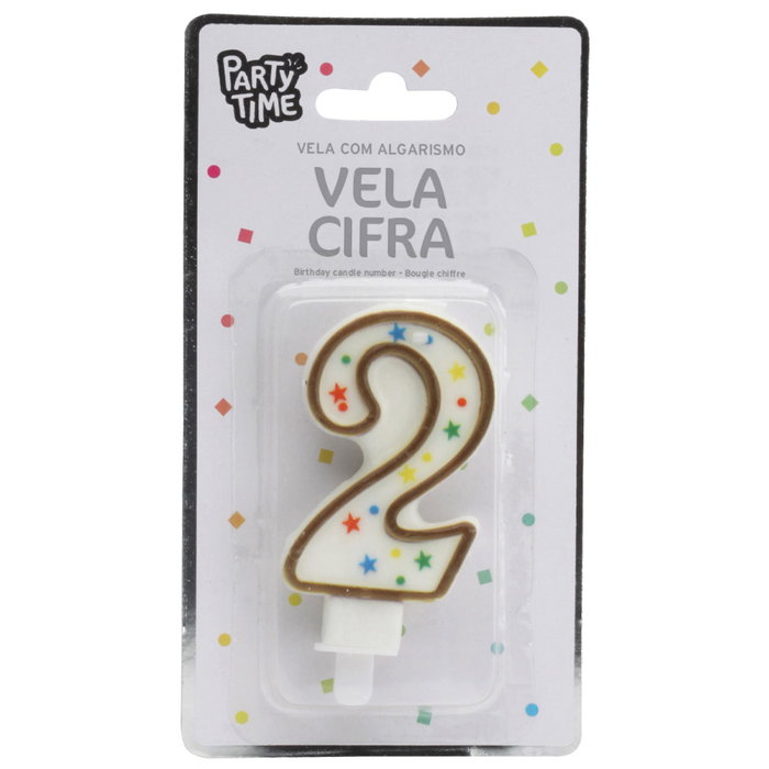 Party Time Vela Aniversario Número 2 para Tarta, Decorada con Círculos y Estrellas, 9.5 cm
